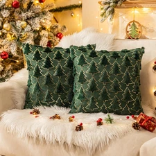 Christmas Tree Pillow Covers 18x18 Green Faux Fur Sequin Holiday Decor Set