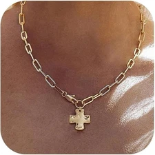Chunky Cross Necklace, 14K Gold Silver Layered Pendant Charm, Costume Jewelry Se