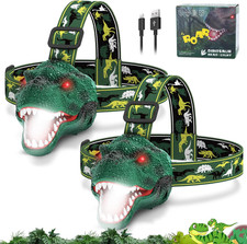 Dinosaur Headlamp for Kids Flashlight 2 Pack, Rechargeable Led Headlights Roar