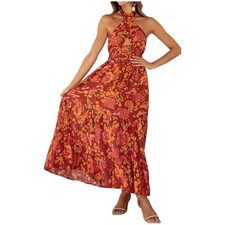 ZESICA Crossover Halter Neck Cut Out Summer Dress, Orangerust Floral, Women's S