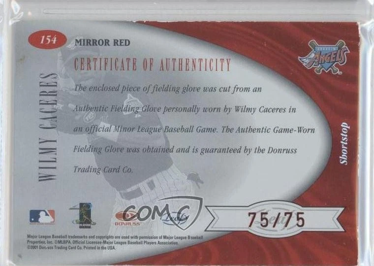 2001 Leaf Certified Materials Mirror Red /75 Wilmy Caceres #154 Rookie Auto RC - Image 2 of 2