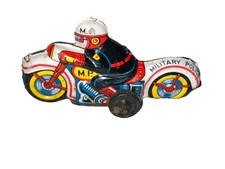 VTG TIN LITHO SMALL MILITARY POLICE MOTORCYCLE FRICTION TOY 4" LONG MADE N JAPAN