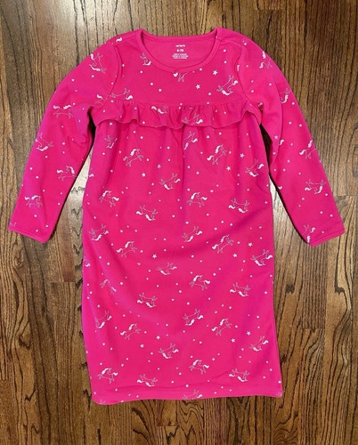 Carter's Girl Silver Unicorn Ruffle Fleece Long Sleeve Nightgown Hot Pink 6/7 - Picture 5 of 10