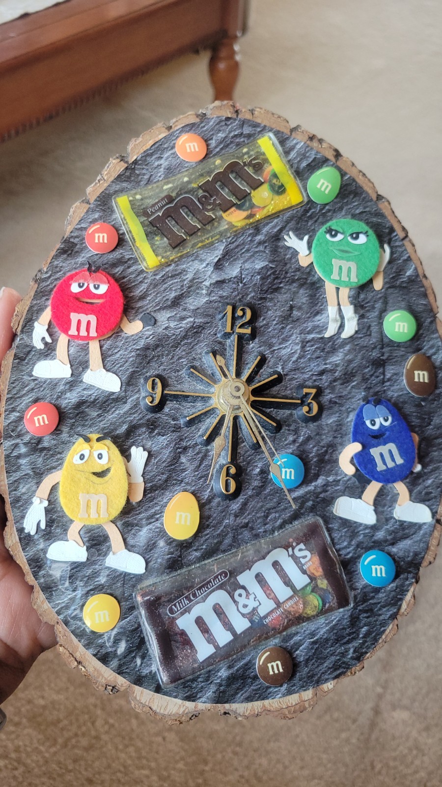 Handmade One of A Kind M&M Clock Made of Wood and Felt. Great Gift