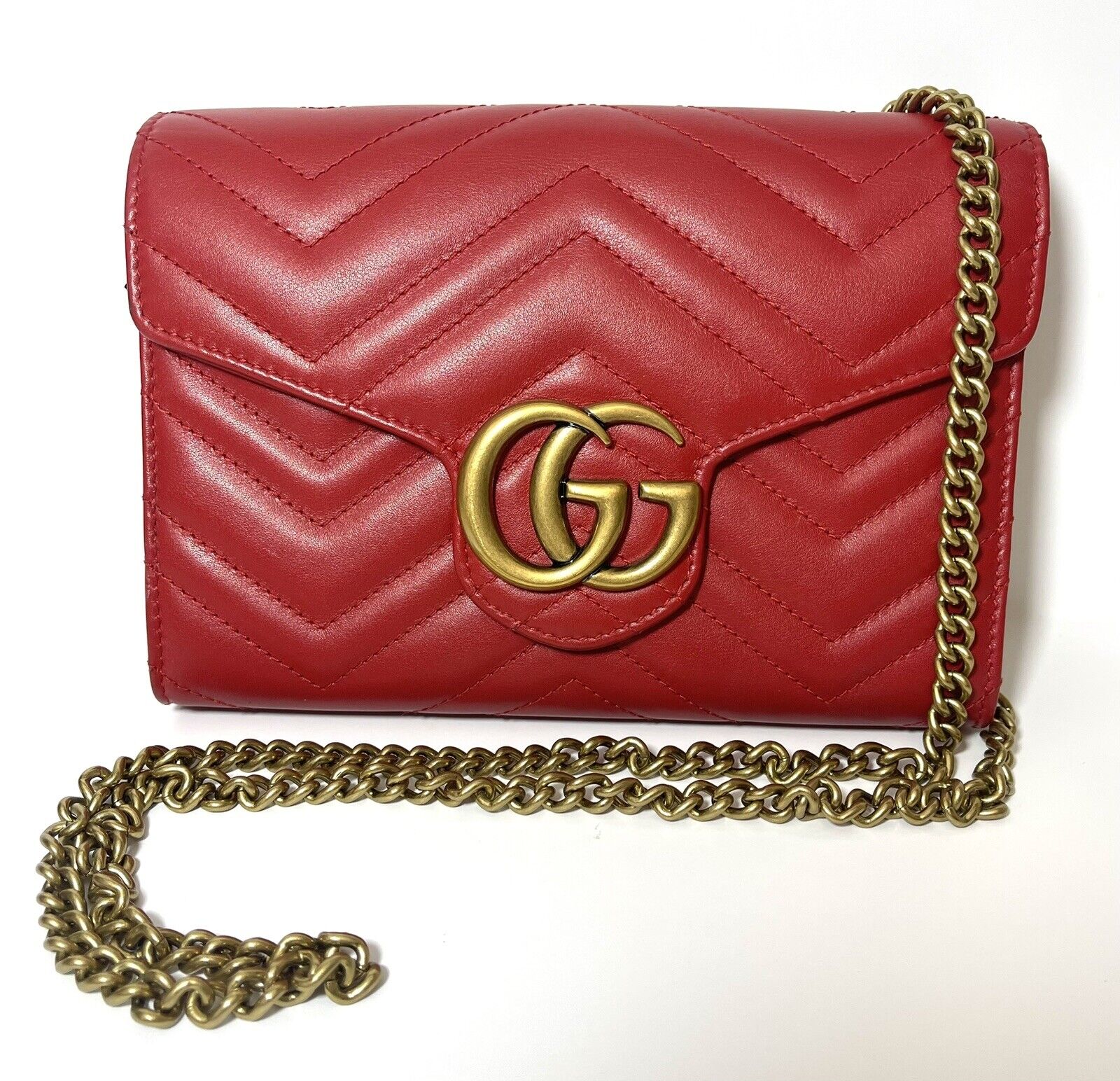 Gucci GG Marmont Chain Wallet Matelasse Leather Mini Red Authentic Made in  Italy
