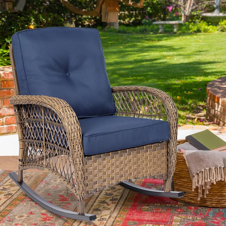 Mecedora de mimbre para patio exterior muebles de ratán con cojín Foto 4 de 4