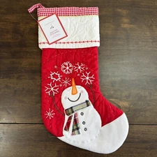 POTTERY BARN KIDS SNOWMAN CHRISTMAS STOCKING QUILTED RED ~ NO MONO