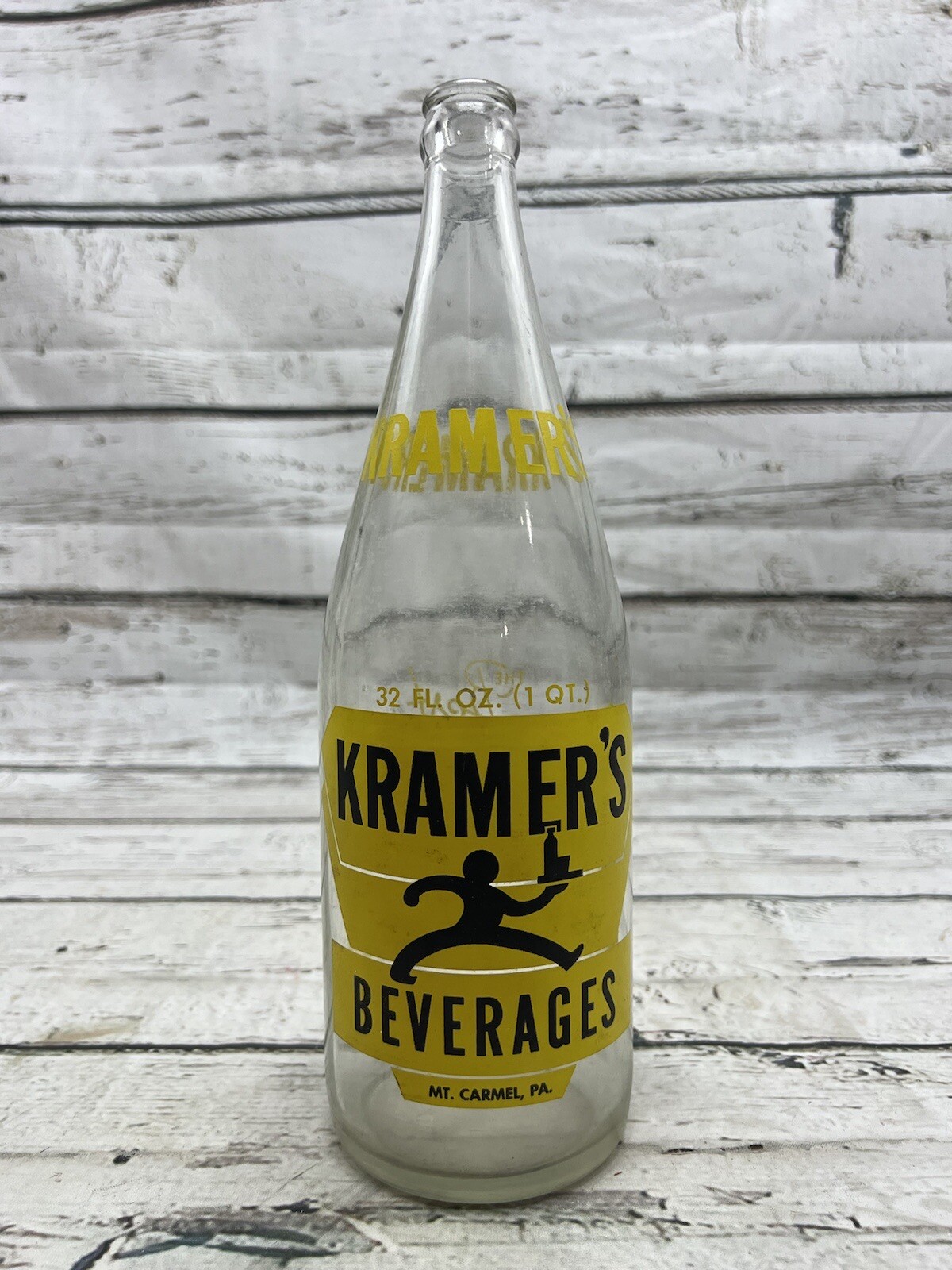 VTG Kramer's Beverages Mt. Carmel PA "The Best" Quart Soda Bottle Pennsylvania
