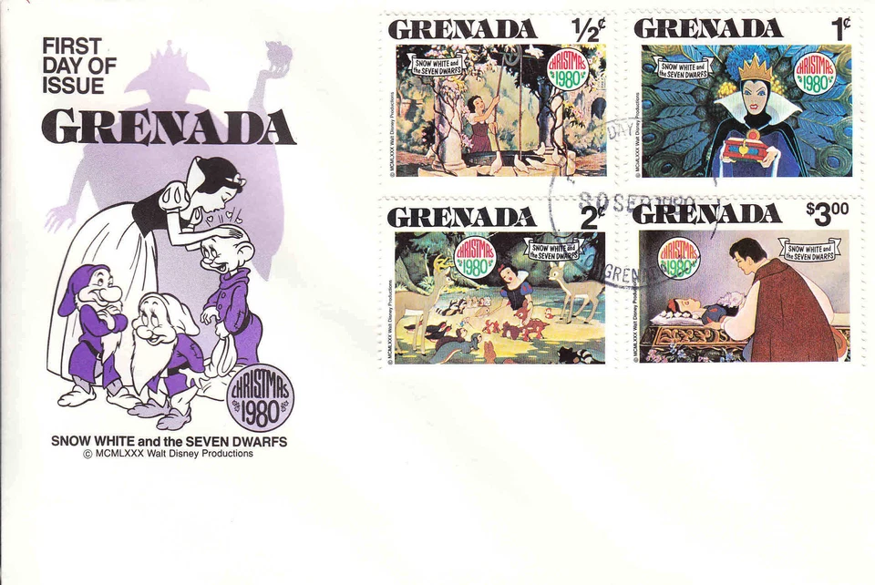 Grenada Disney FDC Christmas 1980 Snow White & 7 Dwarf ,set of 3 Covers -DI 5343 - Image 2 of 3