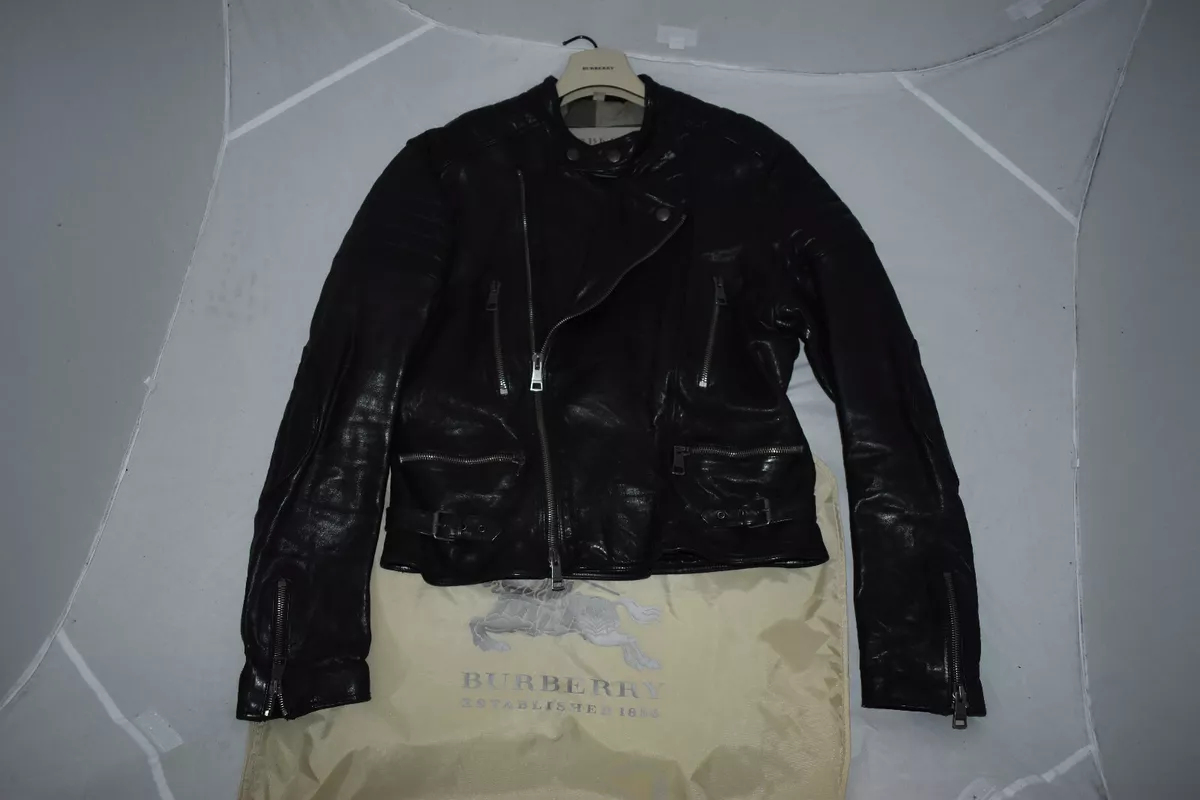 Burberry Brit Quilted Black Lamb Leather Biker Zip Cuff Jacket Coat Mens Large L