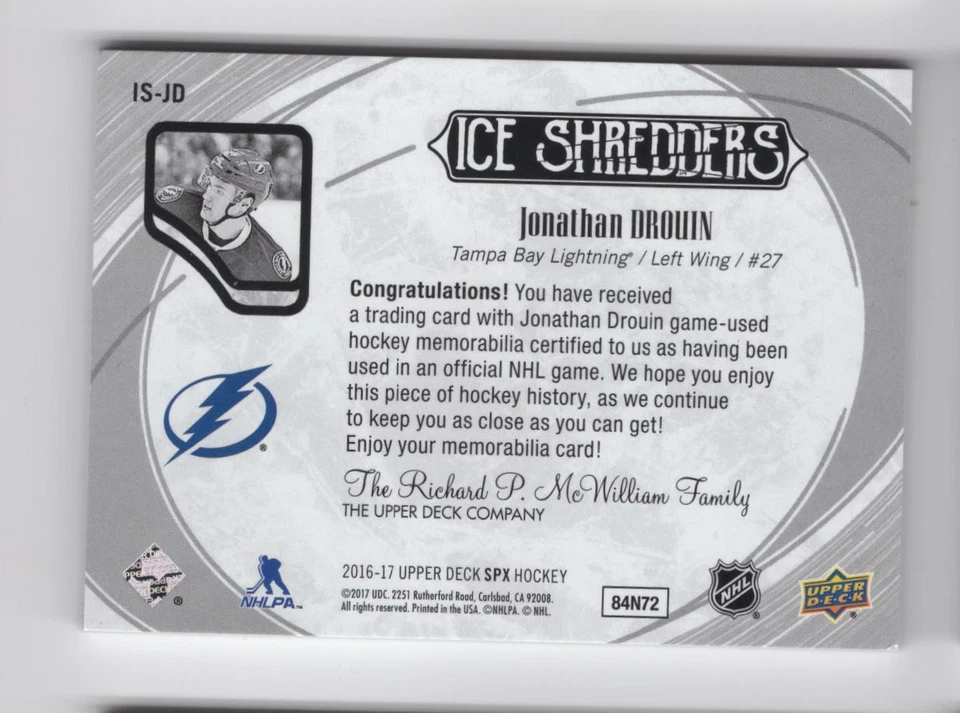 2016-17 SPx Ice Shredders JERSEY Jonathan Drouin Tampa Bay Lightning #IS-JD - Image 2 of 2