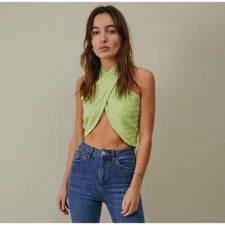 House of Sunny Knit Halter Top Criss Cross Cropped Green Size US 2