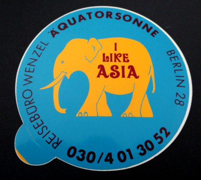 Werbe-Aufkleber Reisebüro Wenzel Äquatorsonne Berlin 28 I like Asia Elefant 80er