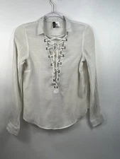 H&M Divided Shirt Women's Sz 2 White Lace-Up Front Long Sleeve Mini Collar