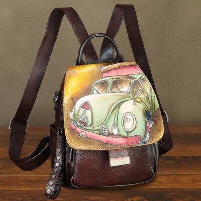 Genuine Leather Backpack for Women Hand Painted Knapsack Purse Designer Daypack