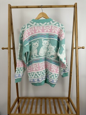VTG 80s Rose Kitty Cat Sparkle Knit Sweater Kawaii Pastel Vapor