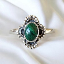 NEW 925 Sterling Silver Bezel Set Oval Malachite Women's Ring Size 7.25