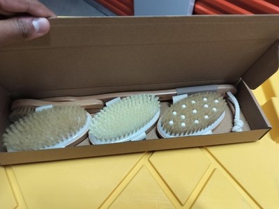 New - Dry Brushing Set  Natural Boar Bristle Body & Face Brush, Wooden Long Hand