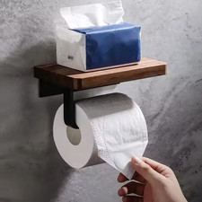 Wooden Toilet Paper Holder Bathroom Wall Mount WC Paper Phone Holder Shelf Stora