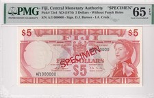 Fiji, 5 Dollars, 1974, UNC, p73s4, SPECIMEN