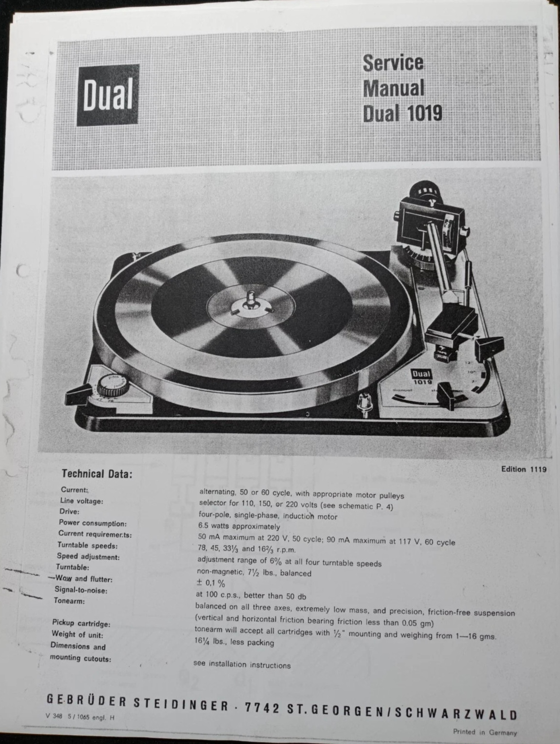 DUAL 1019 Turntable Service Manual Photocopy