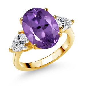 Authentic 8.04 Ct Purple Amethyst DEF Lab Grown Diamond 18K Yellow Gold Plated Silver Ring