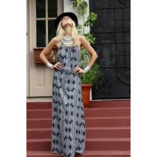Flynn Skye Womens Black White Geometric Tribal Rayon Maxi Dress Size 1 Boho USA