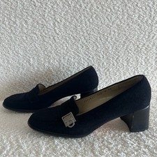 Salvatore Ferragamo Women's Heeled Black Suede Loafers Gancini Buckle Size 8