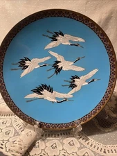 Antique Japanese Meiji Cloisonné Enameled Charger 5 Cranes Birds Beautiful Shape