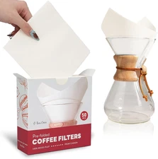 Pre-Folded Cone Coffee Filters 50PK Compatible w/ CHEMEX Pour-Over Coffee Makers