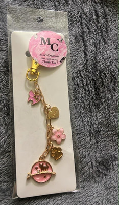 Mid's Creations Pink & Gold Metal Charm Key Chain w/ Butterfly Heart Flower Paw