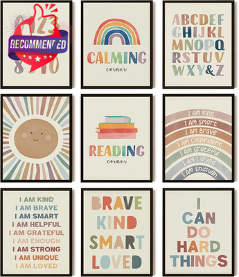 Baby Alphabet 1 2 3 Wall Art Set Of 9, Number Rainbow Canvas Posters Prints