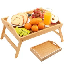 Bed Tray Table with Folding Legs, 15.7"x11.8" Bamboo Breakfast in Bed Tray fo...