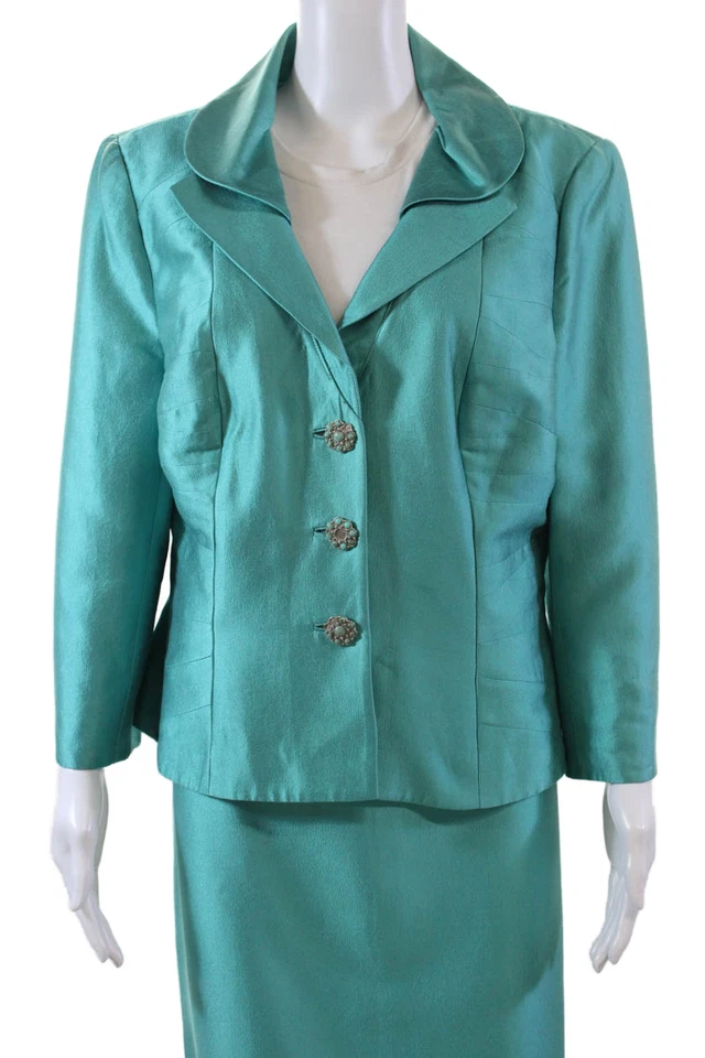 Conjunto de traje blazer falda manga larga frontal botón seda Kay Unger para mujer verde azulado talla M Foto 2 de 4