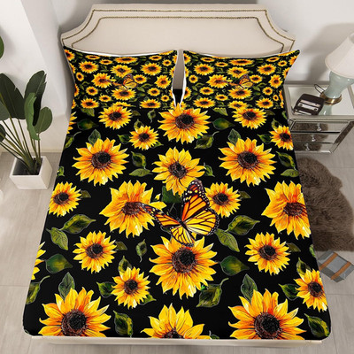 Feelyou Sunflower Bed Sheet Set Girls Yellow Floral Butterfly Fitted Sheet Chic