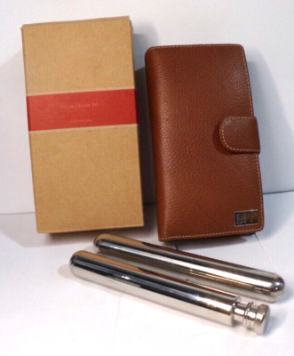 Red Envelope CIGAR AND FLASK Set Brown Leather Case -holds credits cards too