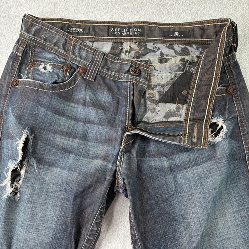 Pantalones de mezclilla Affliction para hombre 36x34 Cooper bota relajada solapa bolsillo desgastado grunge - Imagen 5 de 17