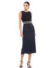 MAC DUGGAL 10509 VERTICAL SEQUIN SHEATH MIDI MIDNIGHT NAVY DRESS sz 4