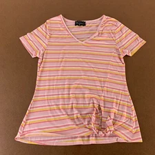 Btween Juniors Size XL Pink Striped Short Sleeve V Neck Knot Hem T-Shirt