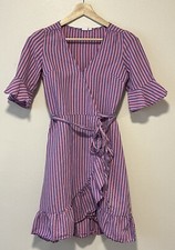 GAP Womens Ruffle Hem Linen Blend Wrap Dress Size XS Pink Blue Striped Tie Waist