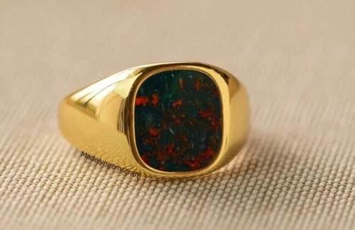 Bloodstone Gemstone Ring Mens Cushion Signet Ring Vintage Silver Ring Mens Gold