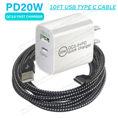 20W PD Wall Adapter Fast Charger QC 3.0 Power For Samsung 10FT USB Type-C Cable