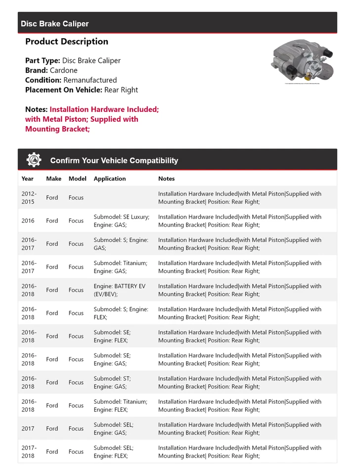 Pinza de freno de disco trasera derecha Cardone 2013 2014 2015 para Ford Focus 2012-2018 Foto 2 de 4