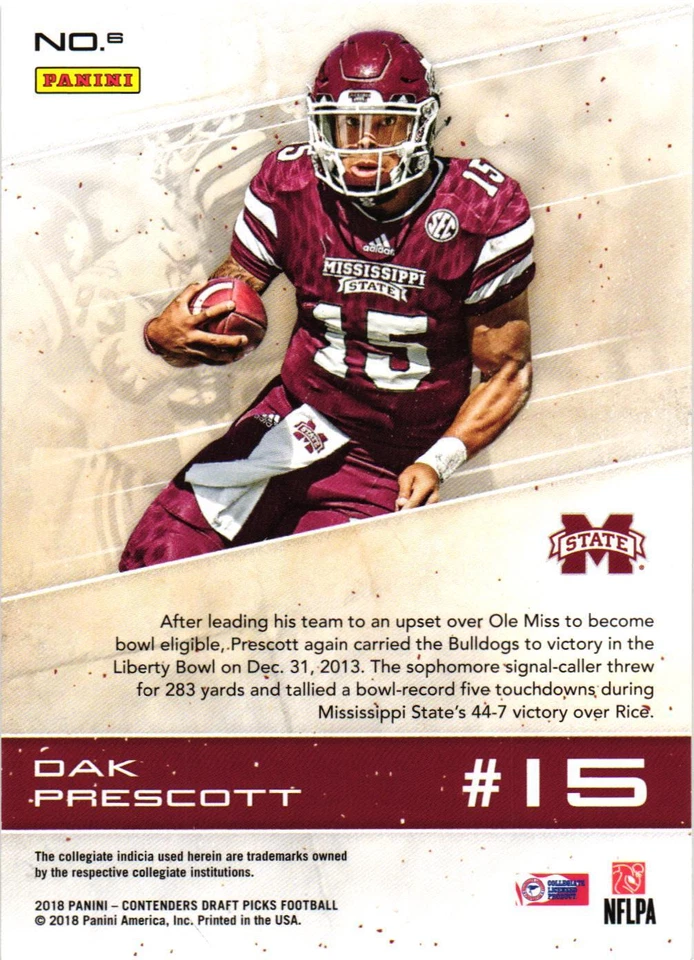 Dak Prescott 2018 Contenders Old School Colors #6 Mississippi State Bulldogs - Image 2 of 2