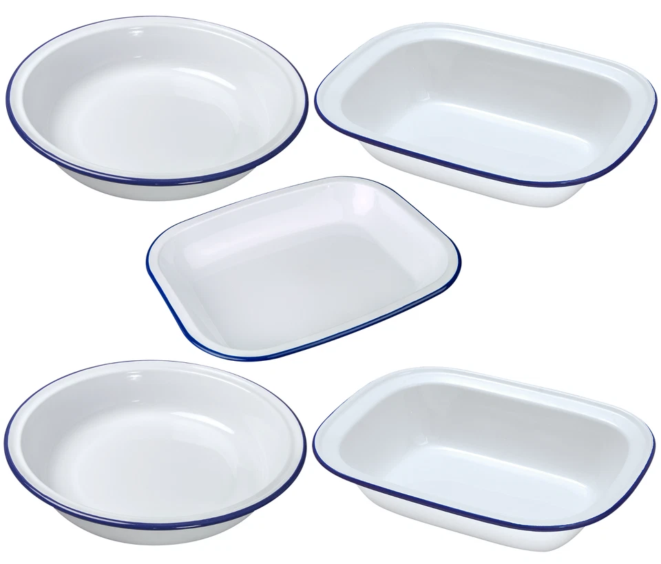 WEISSE KUCHENSCHALE EMAILLE STEAK PUDDING ASCHE BACKEN BACKEN LÄNGLICH & RUND OFEN GESCHÜSSELDOSE