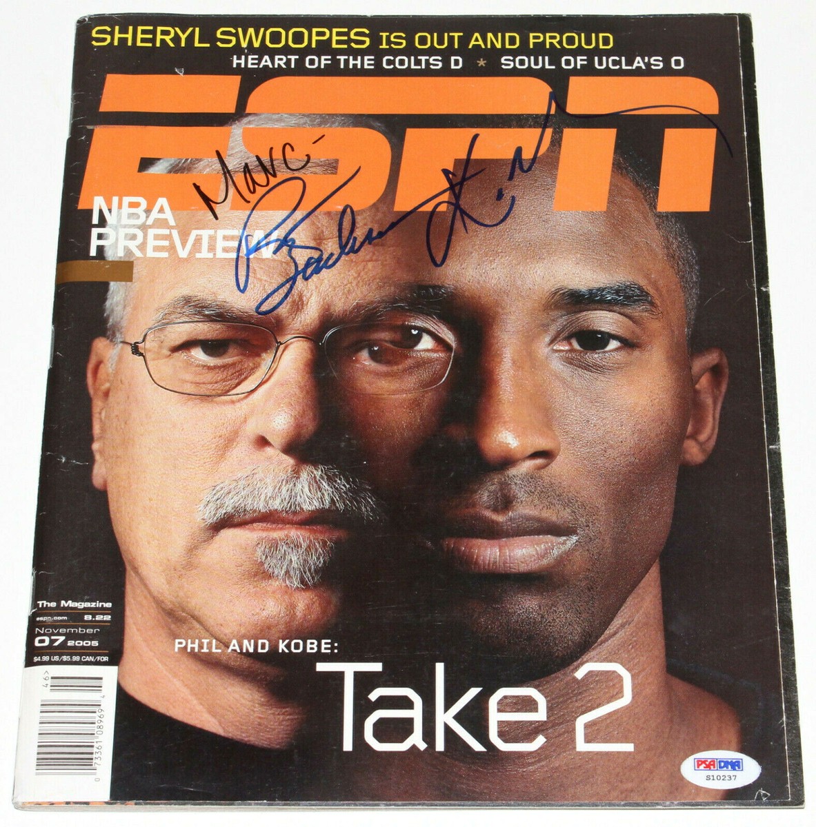 LOS ANGELES LAKERS KOBE BRYANT & PHIL JACKSON SIGNED ESPN MAGAZINE