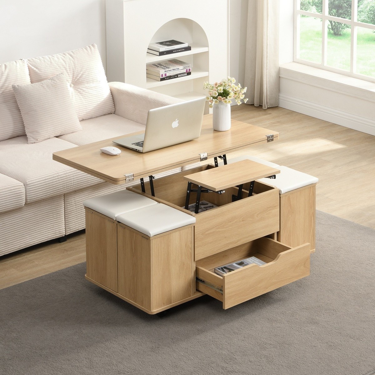 Modern Lift Top Coffee Table Center Cocktail Table w/ Stools
