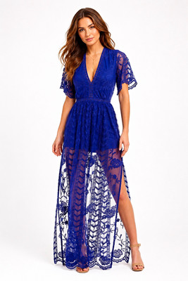 GB Gianni Bini Blue Lace Maxi Dress XS Sheer Embroidered Formal Evening Gown no