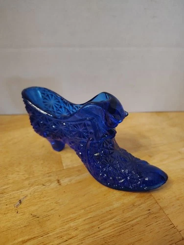 Vintage Fenton Art Glass Cobalt Blue Slipper Shoe Cat Design#2