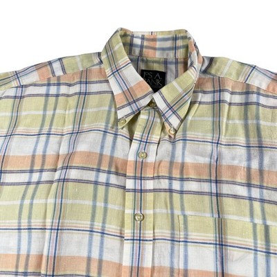 Jos A Bank Shirt Men Large Multi-color Plaid 100% Linen Short Sleeve Button Down